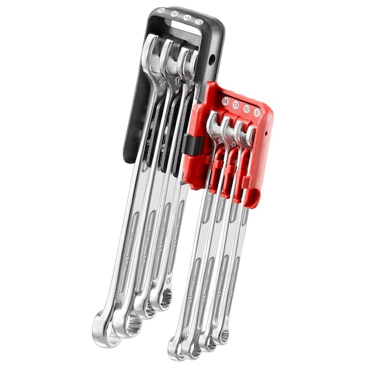 Long combination wrench set, 12 pieces (8 to 19 mm), holder